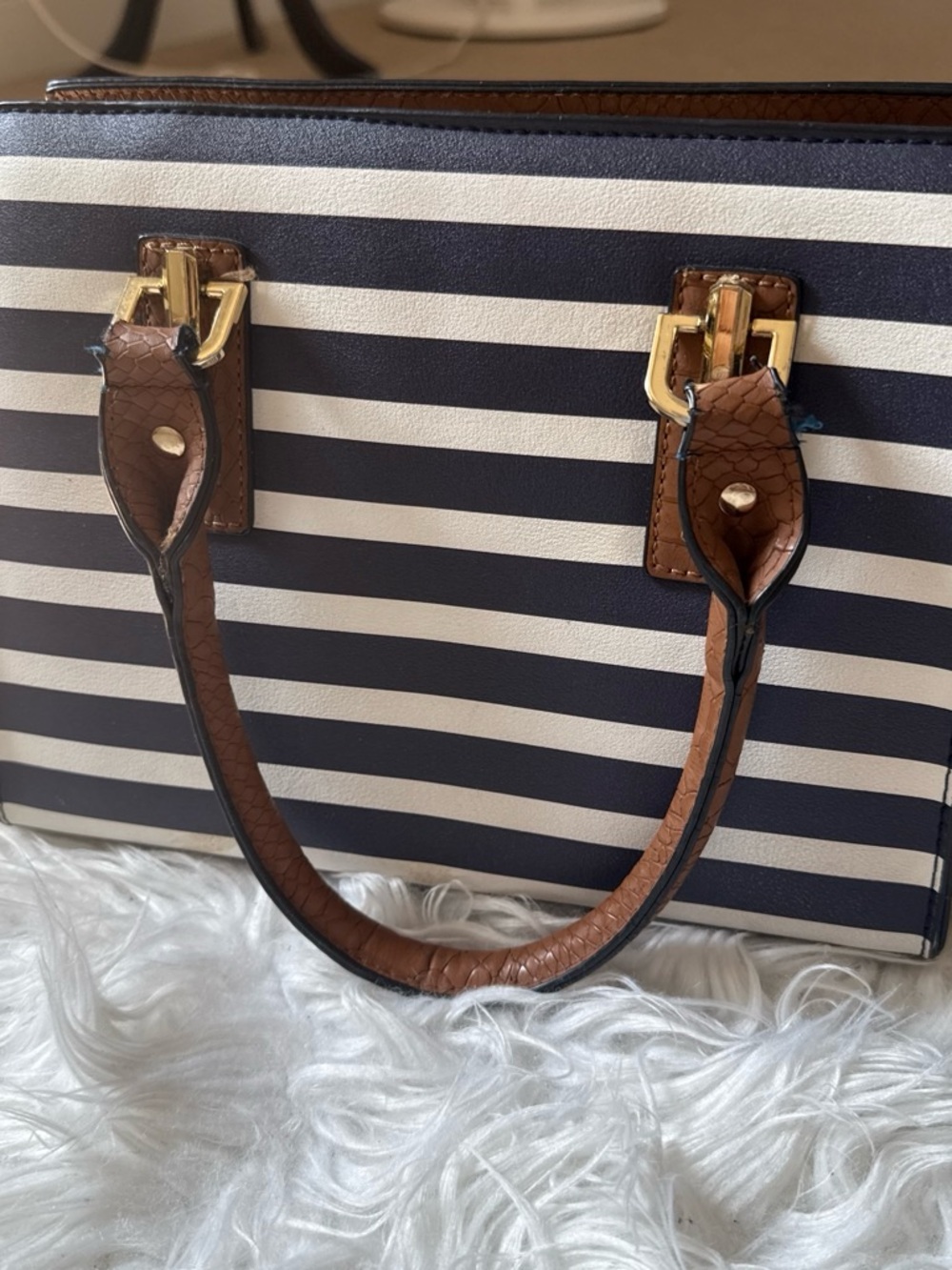 Call It Spring Navy and White Striped Tote with Brown Handles